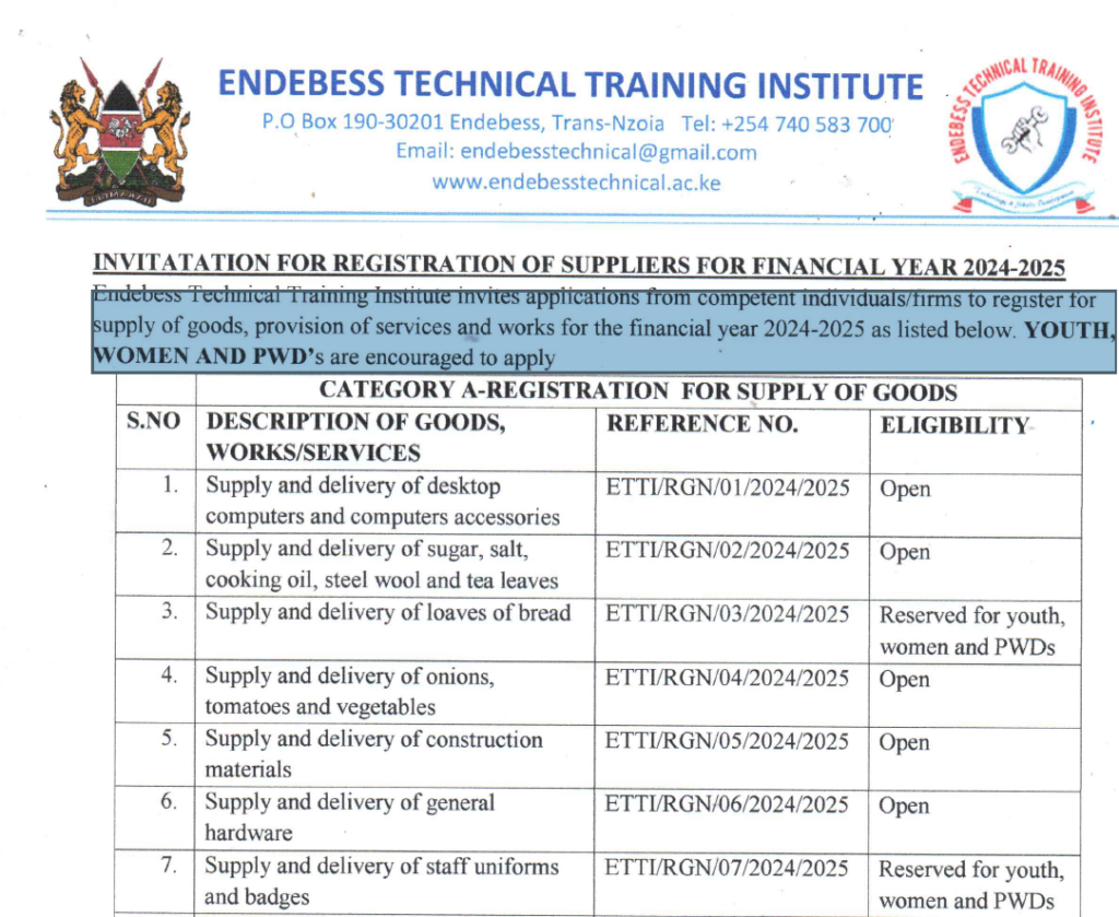 INVITATION FOR REGISTRATION OF SUPPLIERS FOR F/Y 2024-2025